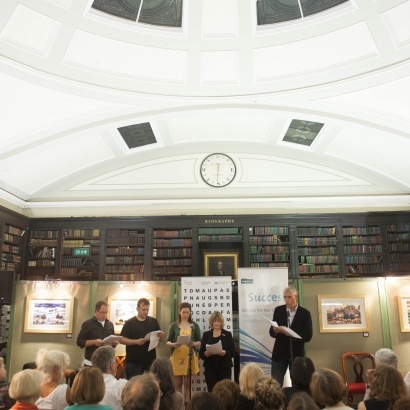 authors in the portico library at MLF Barbara Pym event