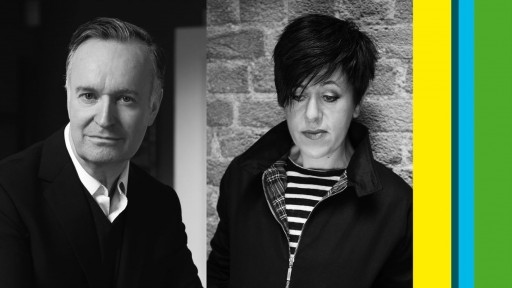 Black and white images of authors Andrew O'Hagan and Tracey Thorn