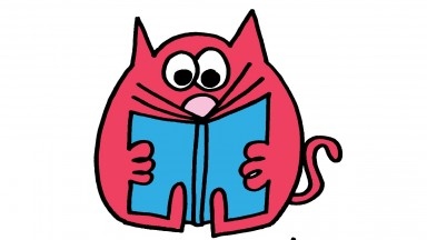 Cartoon red cat reading a blue book