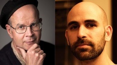 Portrait photos of Australian poet Peter Bakowski in a black beret and glasses and Iowa poet Jake Goldwasser with a beard and brown eyes. Both men have bald heads and are looking directly at the camera / viewer.