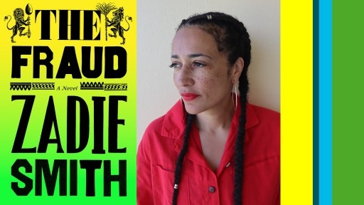 Photo of The Fraud book cover, Zadie Smith headshot and green and yellow stripes